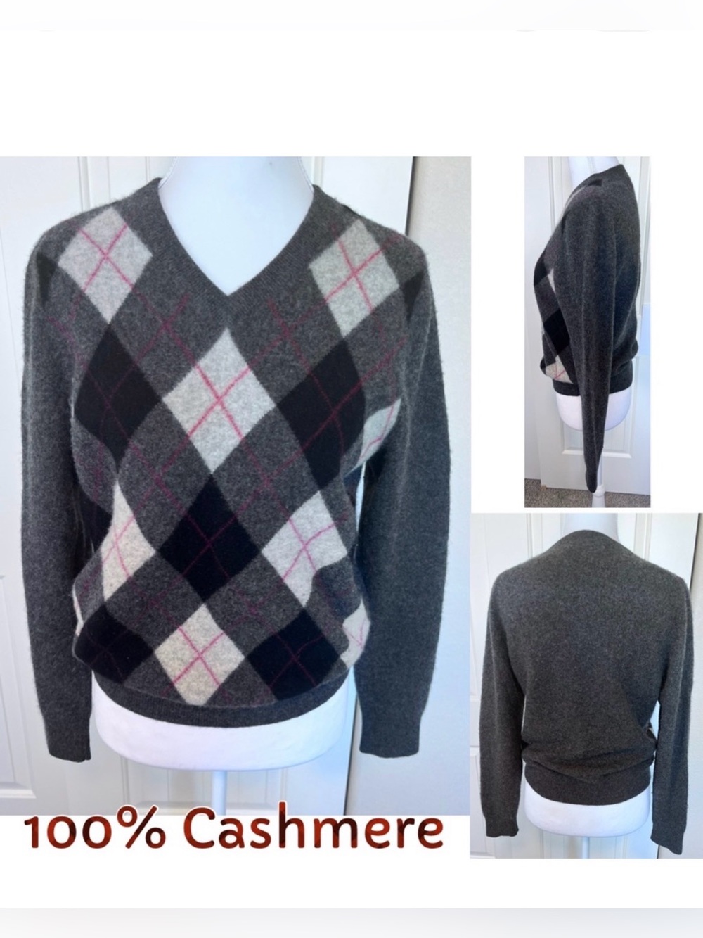 Cashmere Apt. 9 Gray Black White Red Argyle V-Neck Soft Sweater Sz Small Preppy